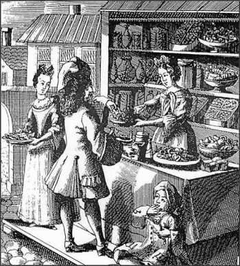 Etching of confectionery booth, including “a little boy with his conical bag of sugar plums” by Christoph Weigel, c. 1700